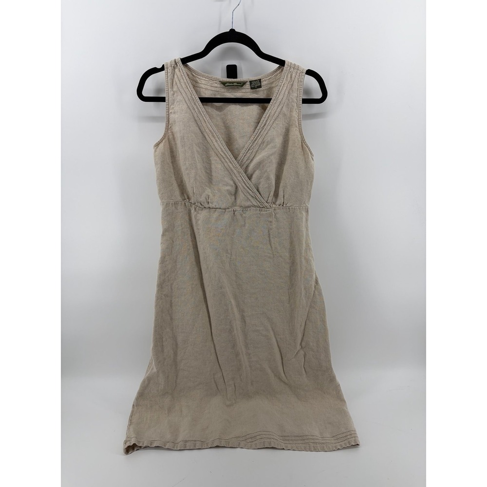 Eddie Bauer, Beige Sleeveless, 100% Linen Midi, linen Sundress, V-Neck, Women 8